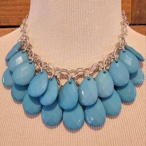 Robin's Egg Blue teardrop bead statement necklace on silvertone chain